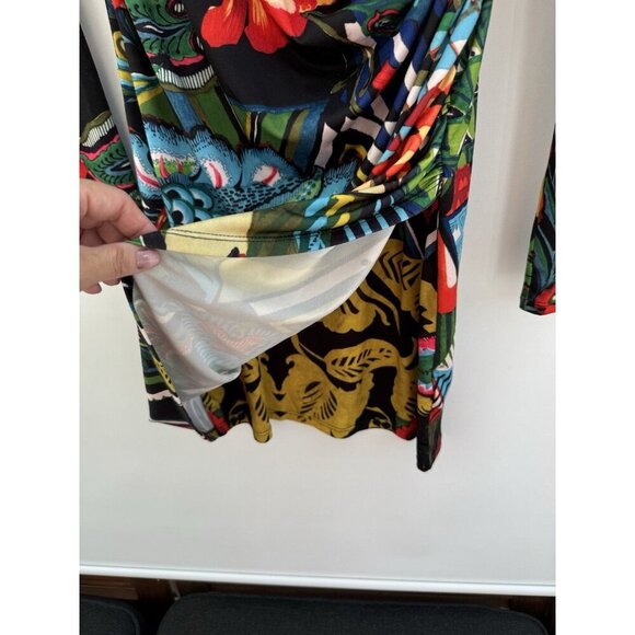Desigual Rosita Dress M (14) Colorful Floral Stretch Faux Wrap Bodycon Mini - Picture 3 of 16